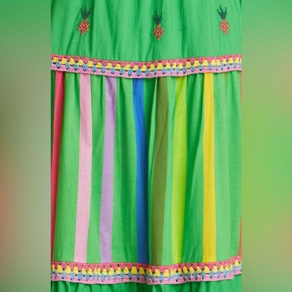 Farm Rio NWT Embroidered Tiered Dress Green Rainbow Stripe XS - Picture 7 of 8